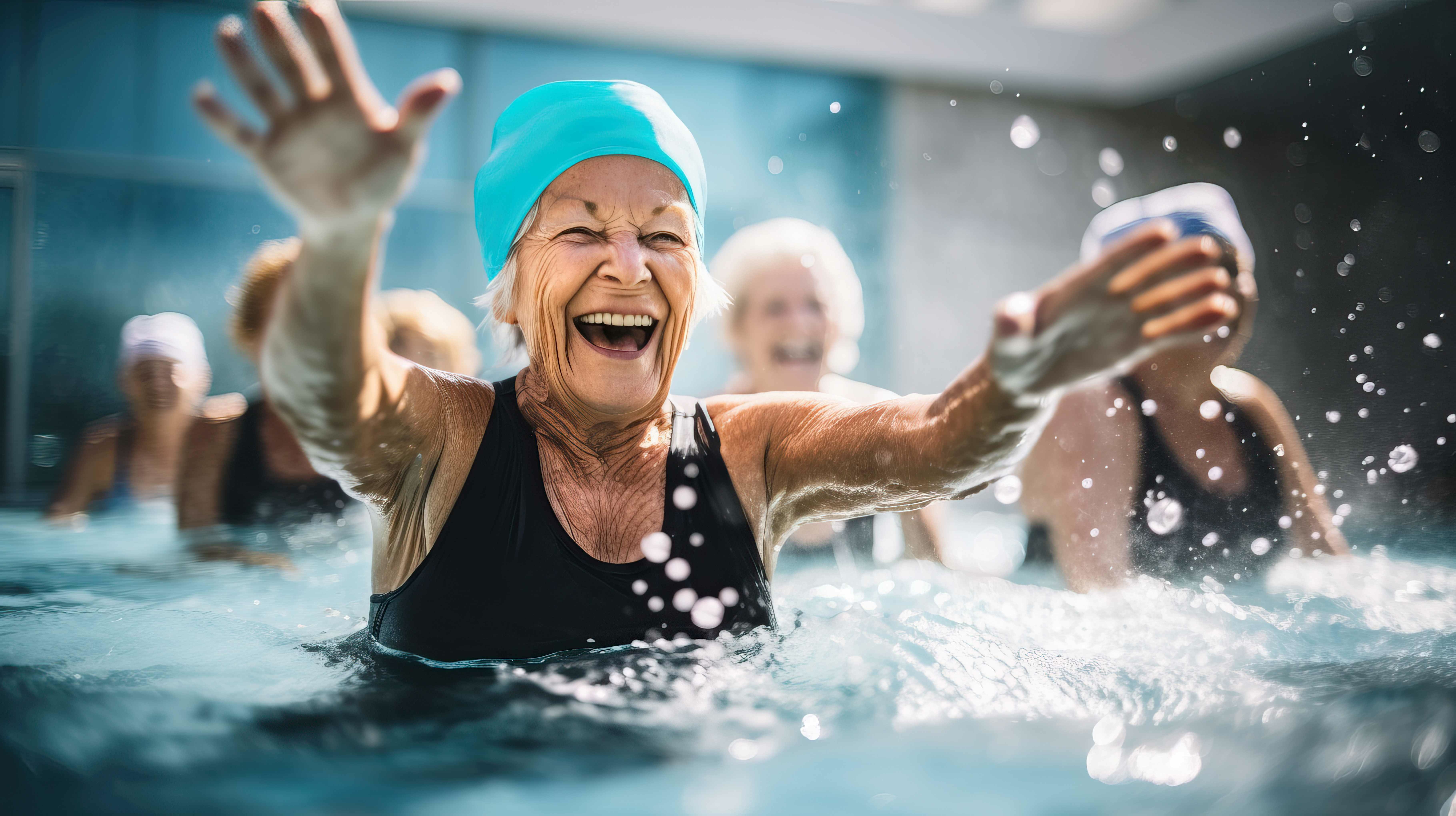 Pratiquer une forme intense d’aquagym ou HIIT dans l'eau permet l’amélioration de la capacité d’exercice, de la mobilité et de la qualité de vie (Visuel Adobe Stock 644998712).
