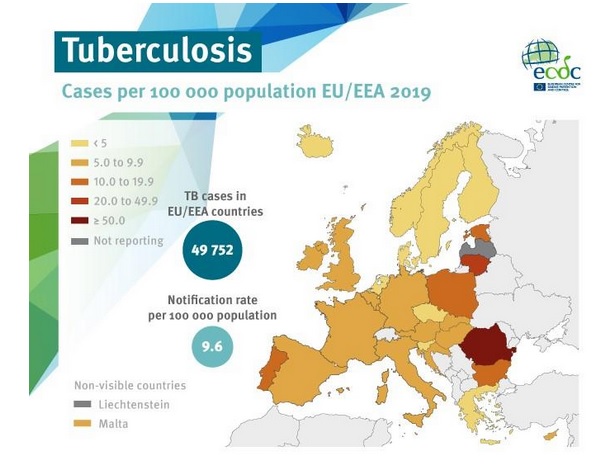 216.000 nouveaux diagnostics de TB ont été posés en 1 an pour la totalité de la région Europe (Visuel ECDC) 216.000 nouveaux diagnostics de TB ont été posés en 1 an pour la totalité de la région Europe (Visuel ECDC)