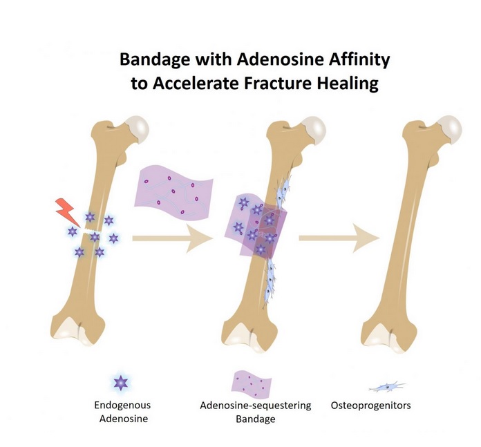 il s’agit d’un bandage de biomatériau appliqué directement sur l'os brisé qui contient des molécules de boronate qui s'accrochent à l'adénosine il s’agit d’un bandage de biomatériau appliqué directement sur l'os brisé qui contient des molécules de boronate qui s'accrochent à l'adénosine