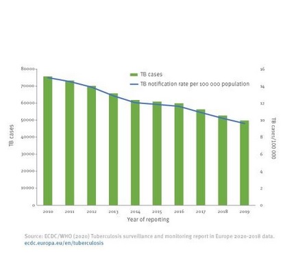 Si le nombre de cas semble diminuer, seuls 77% des patients ont pu terminer leur traitement en 2019, bien en deçà du taux mondial de 85%.(Visuel ECDC)