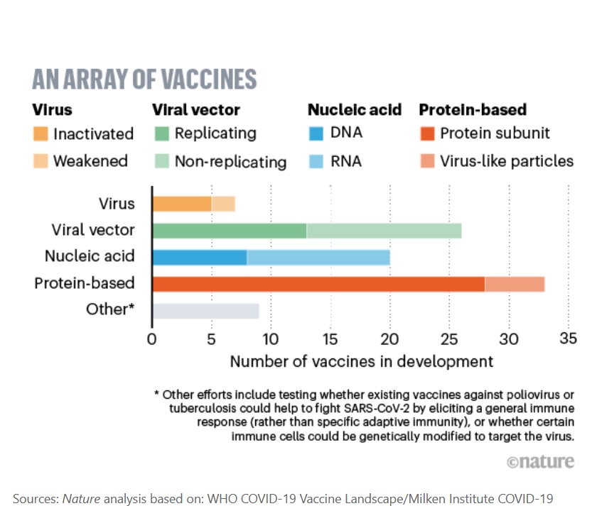 4 approches majeures de développement de vaccins anti-COVID-19 sont poursuivies (Schéma Nature)