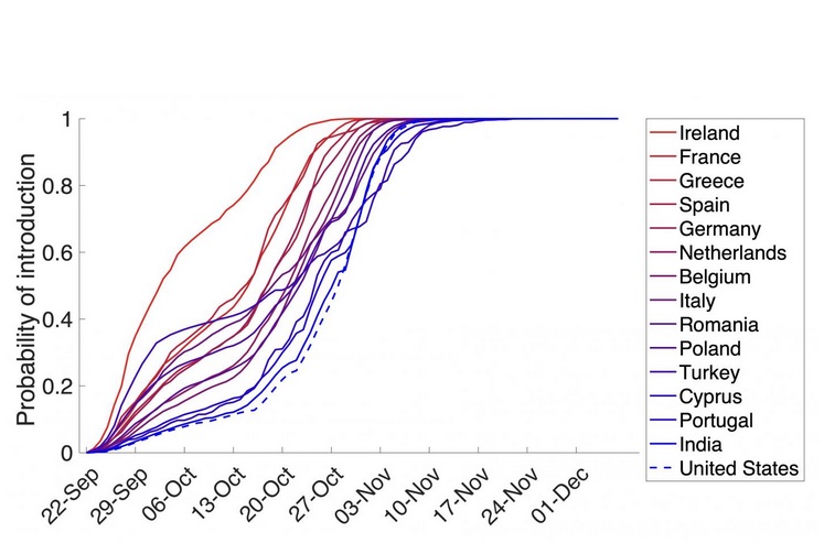 La variante B117 (501Y) s'était déjà propagée à travers le monde sans être détectée pendant des mois lorsque les scientifiques l'ont découverte (Schéma University of Texas COVID-19 Modeling Consortium).