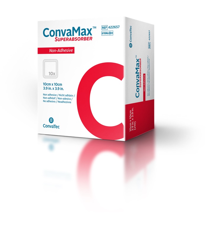 ConvaMaxTM, pansement hydrocellulaire superabsorbant indiqué pour la prise en charge des plaies aiguës et chroniques modérément à très exsudatives (Visuel ConvaTec) ConvaMaxTM, pansement hydrocellulaire superabsorbant indiqué pour la prise en charge des plaies aiguës et chroniques modérément à très exsudatives (Visuel ConvaTec)