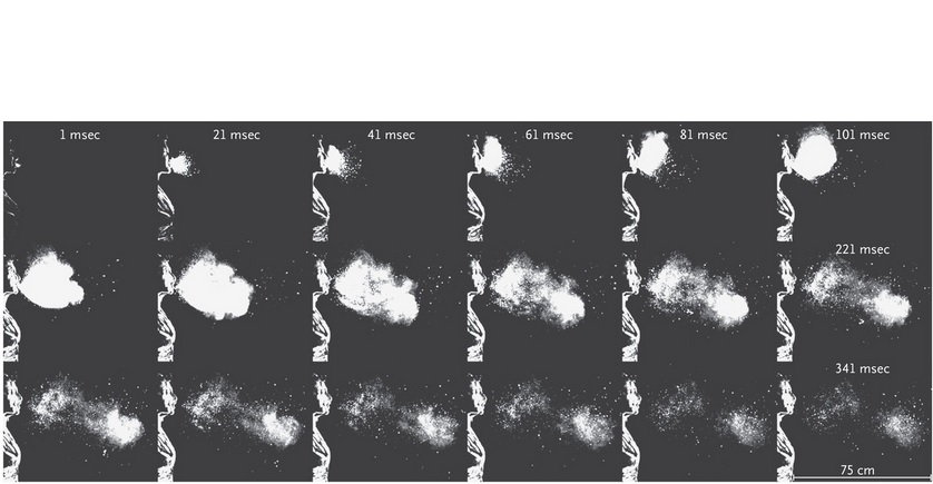 La projection et la diffusion de ces gouttelettes dans l’air dure jusqu'à 150 ms avant « de se transformer en un halo évoluant librement » La projection et la diffusion de ces gouttelettes dans l’air dure jusqu'à 150 ms avant « de se transformer en un halo évoluant librement »