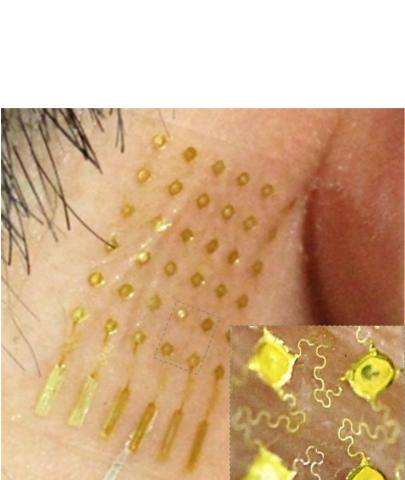 Le sujet porte une électronique sans fil flexible adaptée à la nuque, avec des électrodes maintenues par un bandeau en tissu et une électrode à nano-membrane sur la mastoïde